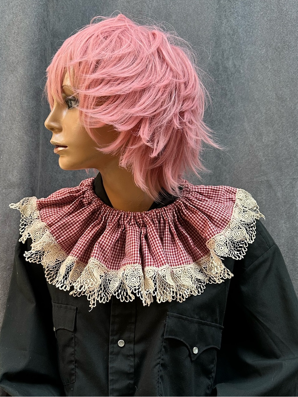 Vintage ruffle clown collar w/ tattered lace trim red gingham